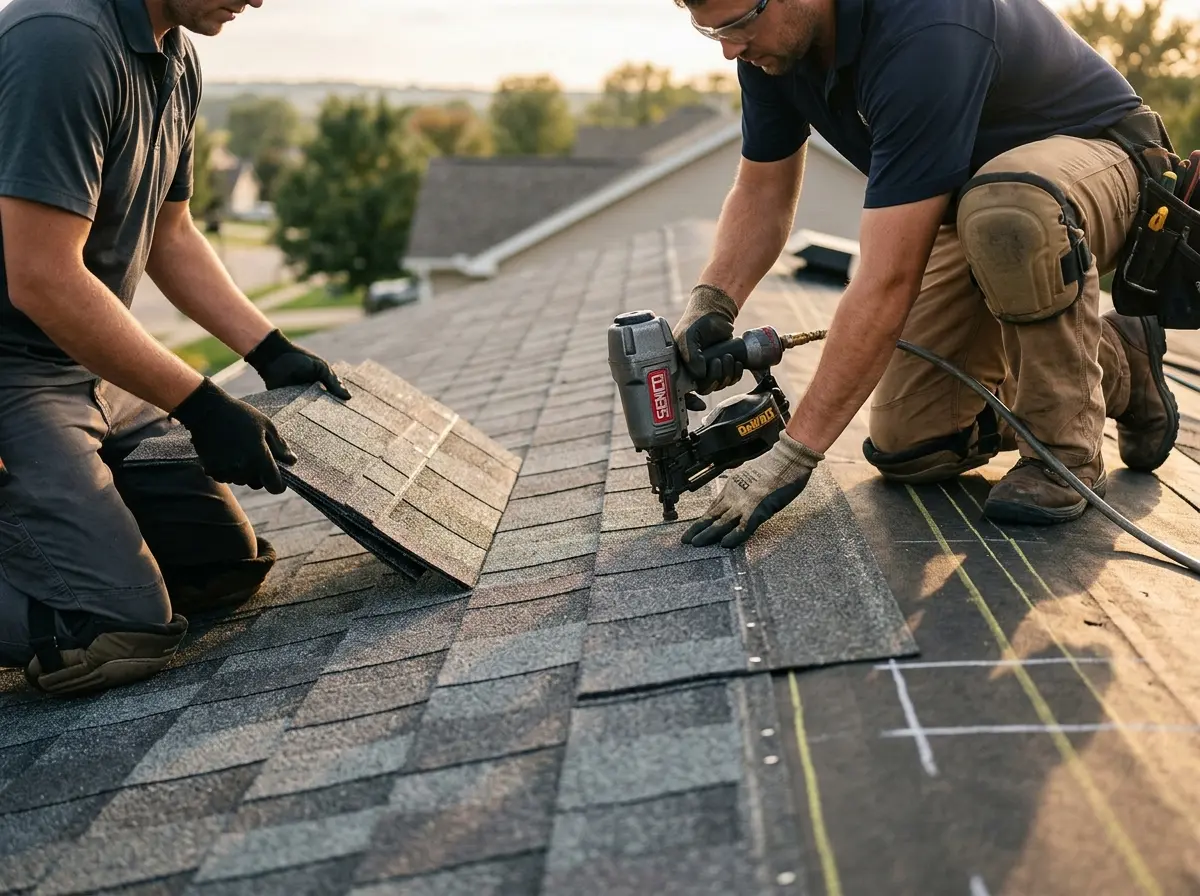 Professional roofer working on a residential roof in Columbiana